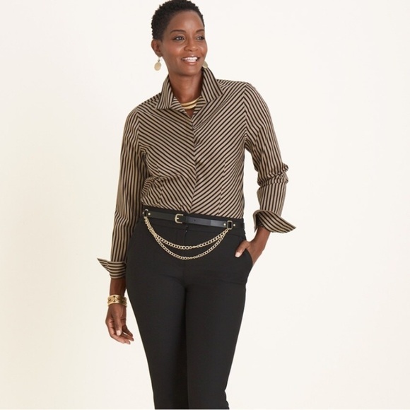 CHICO’S No-Iron Sateen Striped Wing-Collar Shirt, Size XL - Picture 1 of 9